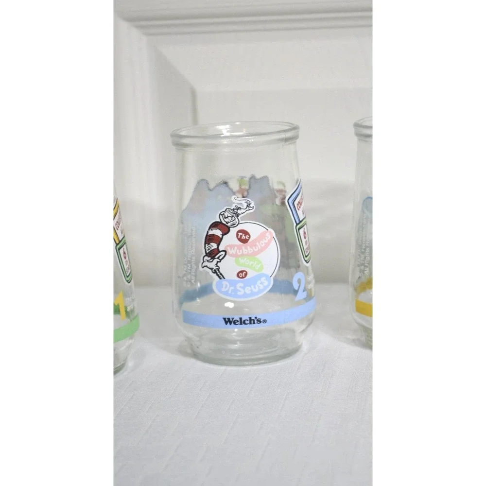 Vintage 1996 Welch Cat in The Hat Glass Jelly Jars, Complete Set of 6 Jars